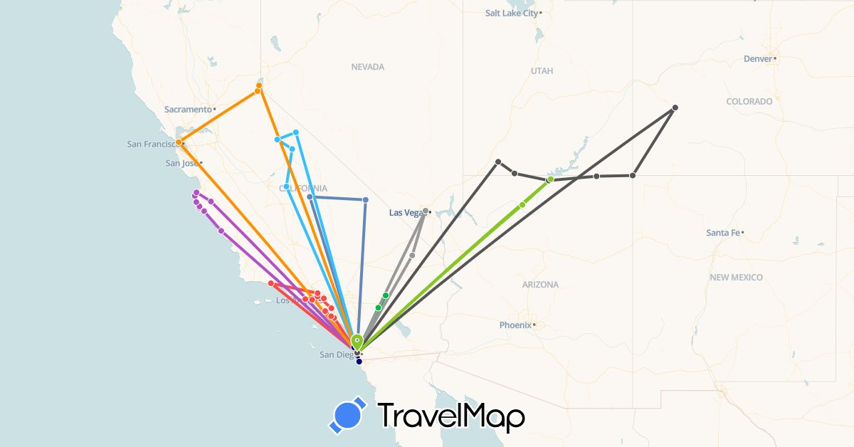 TravelMap itinerary: driving, bus, plane, cycling, train, hiking, boat, hitchhiking, motorbike, electric vehicle in Mexico, United States (North America)